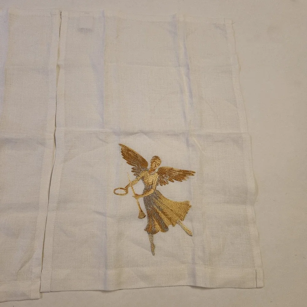 Anali Embroidered Linen Set of 2 Gold Silver Angels Trumpet White